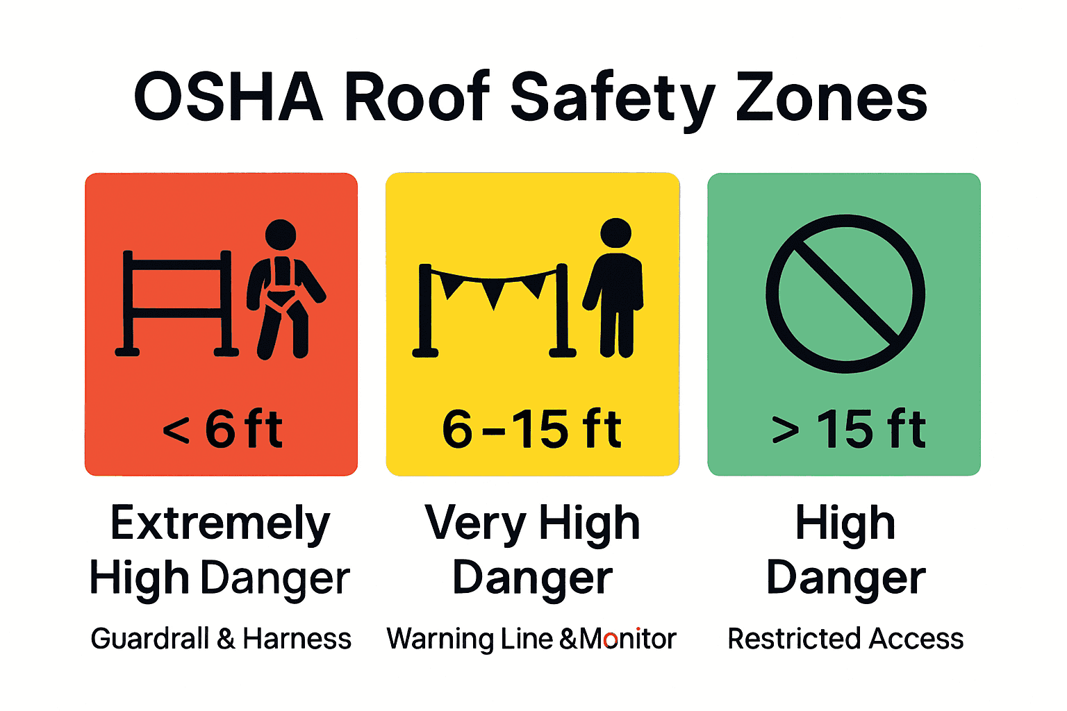 Infographic illustrating OSHA roof safety zones with icons and required protections.