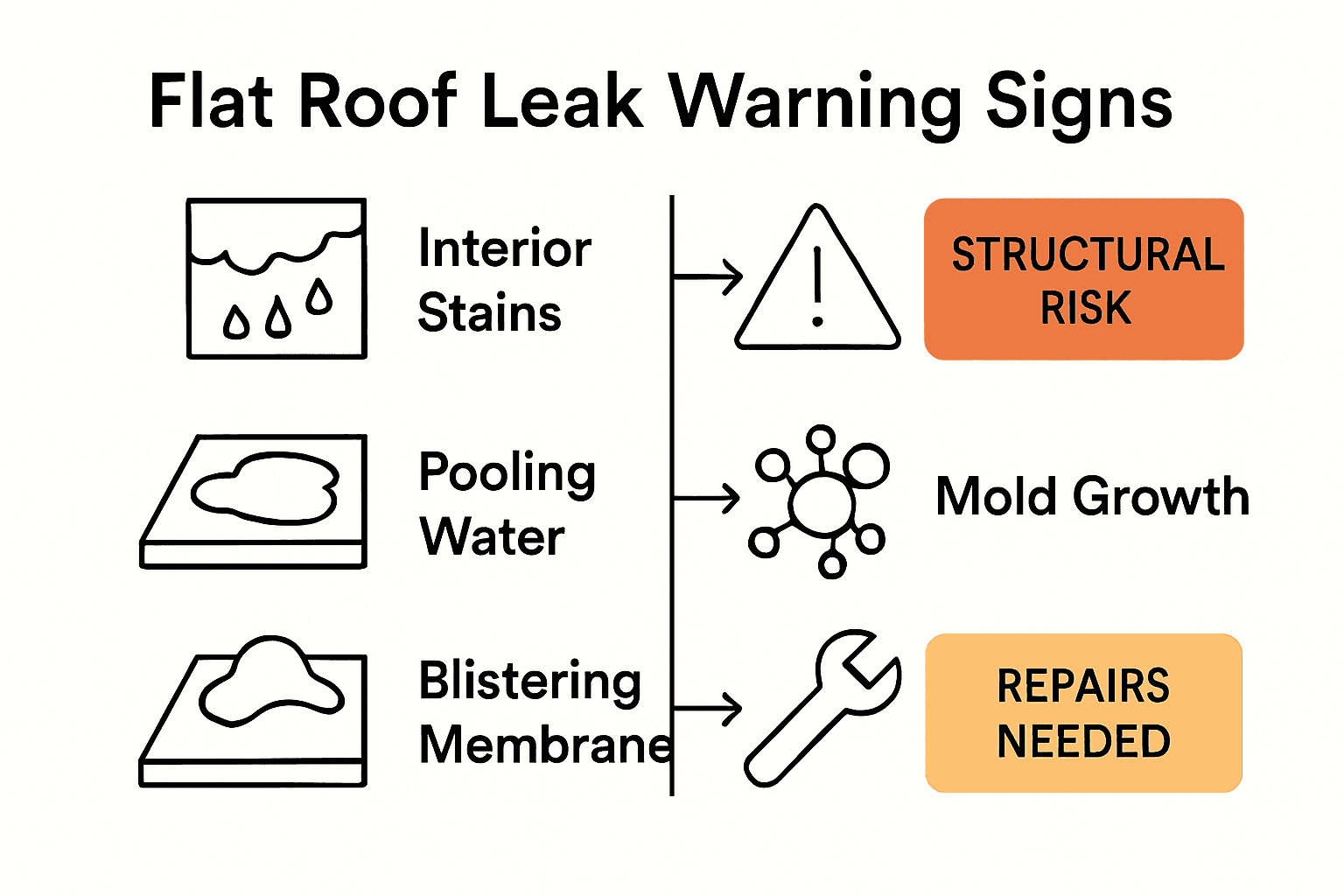 Infographic comparing flat roof leak warning signs and consequences.