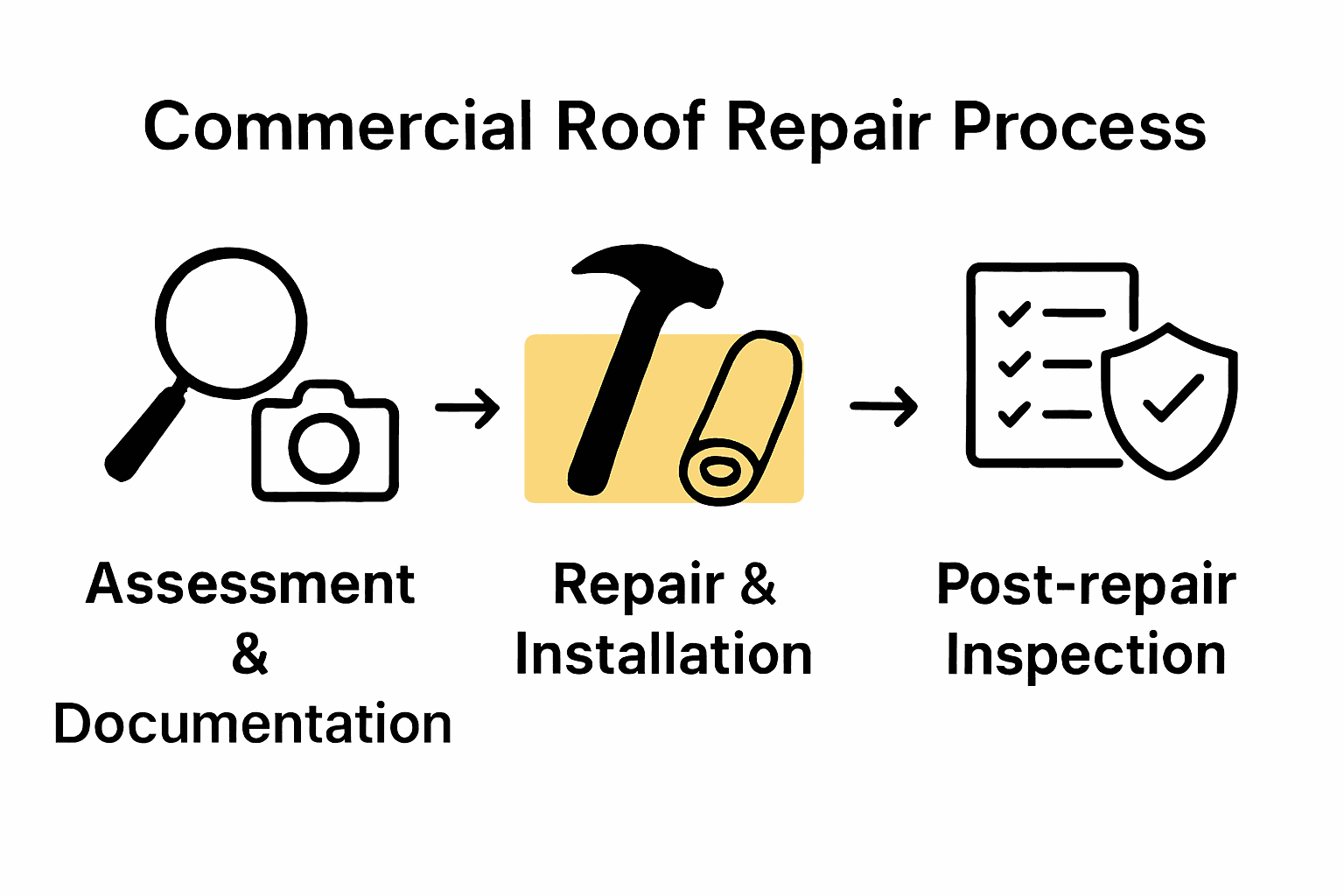 Infographic showing three main steps for lasting commercial roof repair: assessment, repair, inspection.