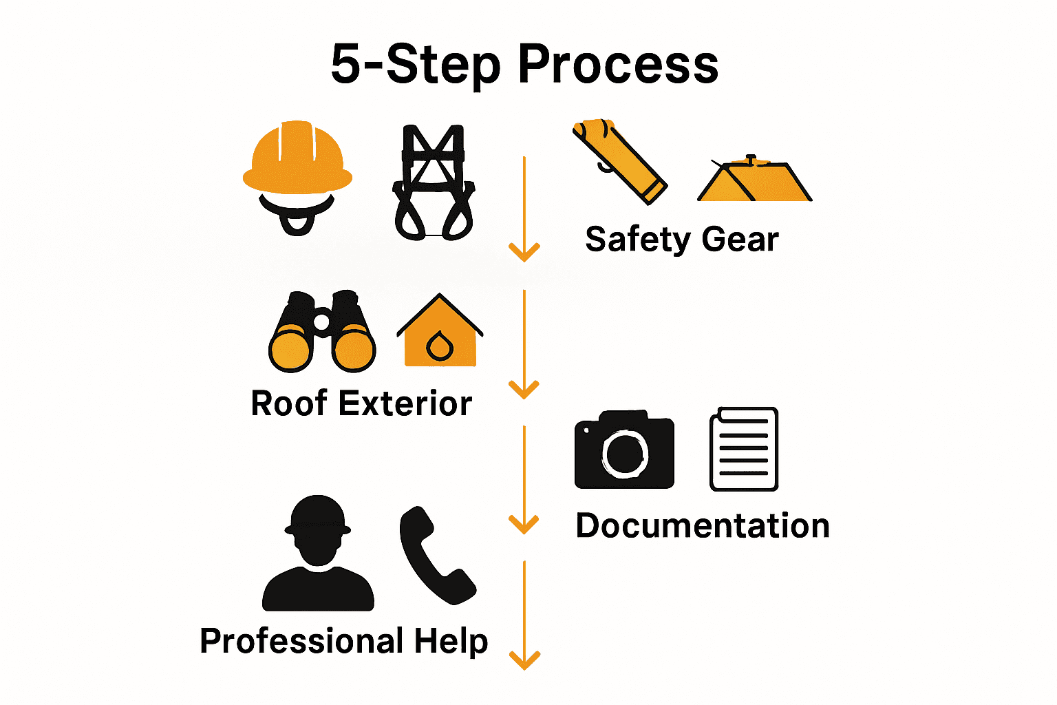 5-step storm roof inspection checklist infographic with icons and arrows