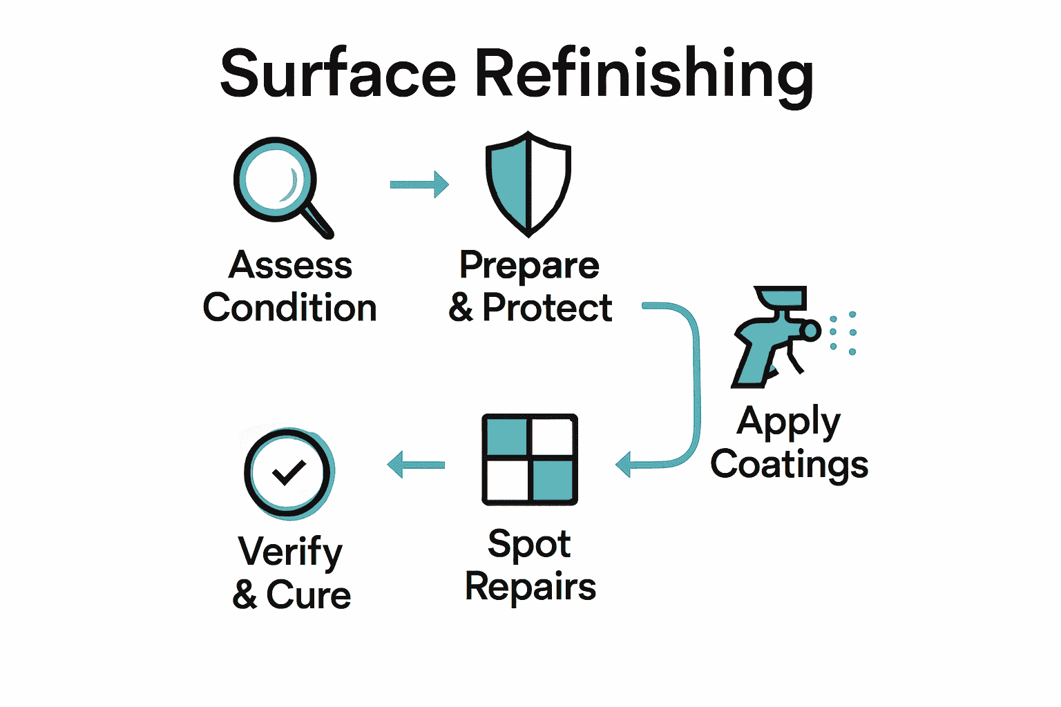 Infographic showing five steps of surface refinishing workflow with an icon for each stage.