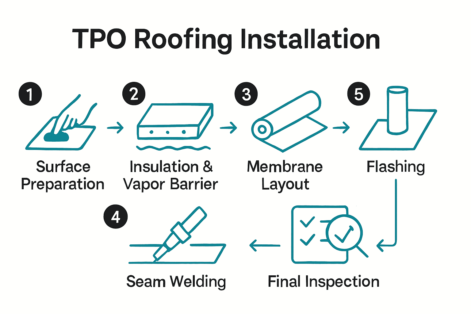 Infographic visually showing the 6 steps of TPO roofing installation process.