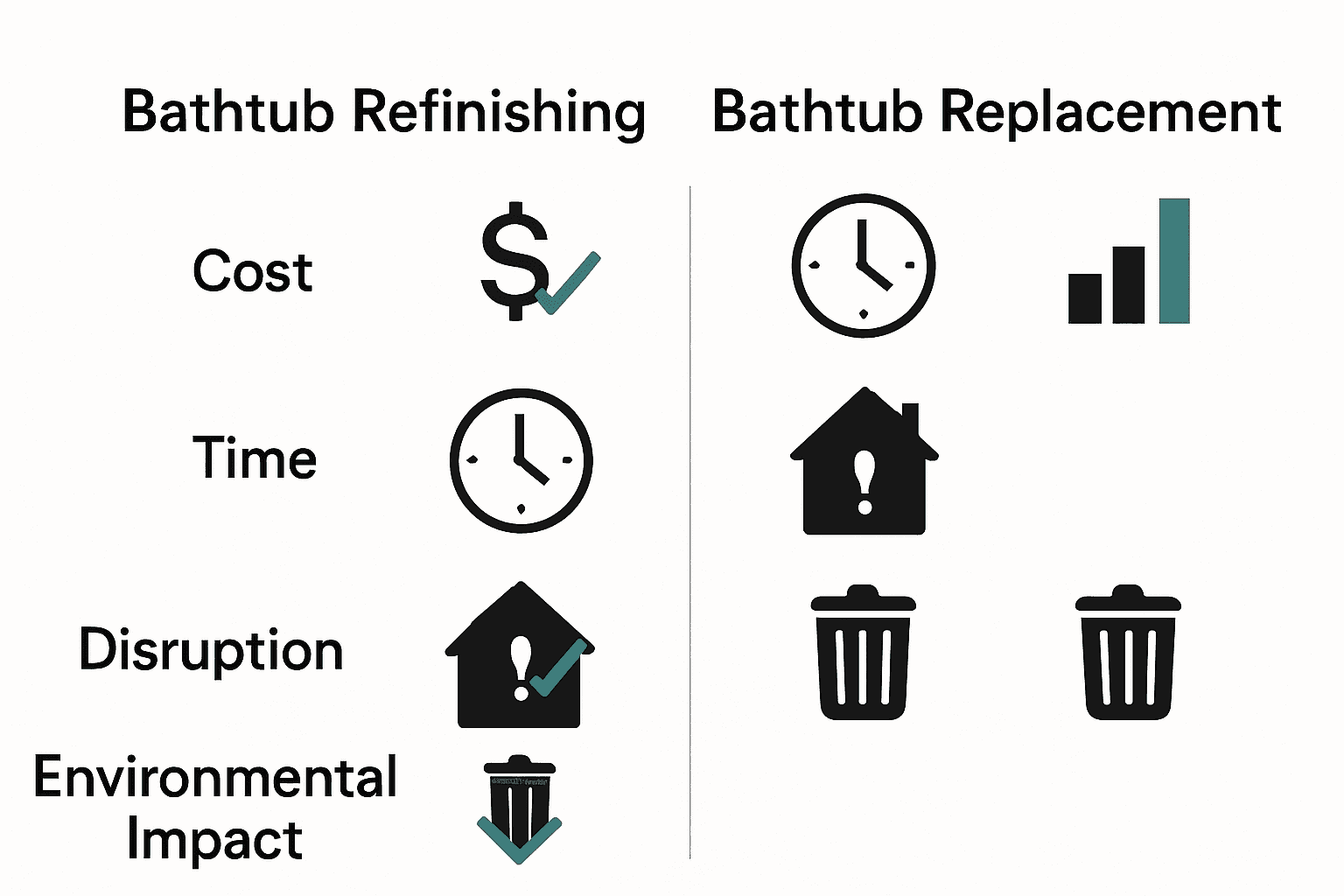 Infographic comparing bathtub refinishing and replacement with icons for cost, time, and waste.