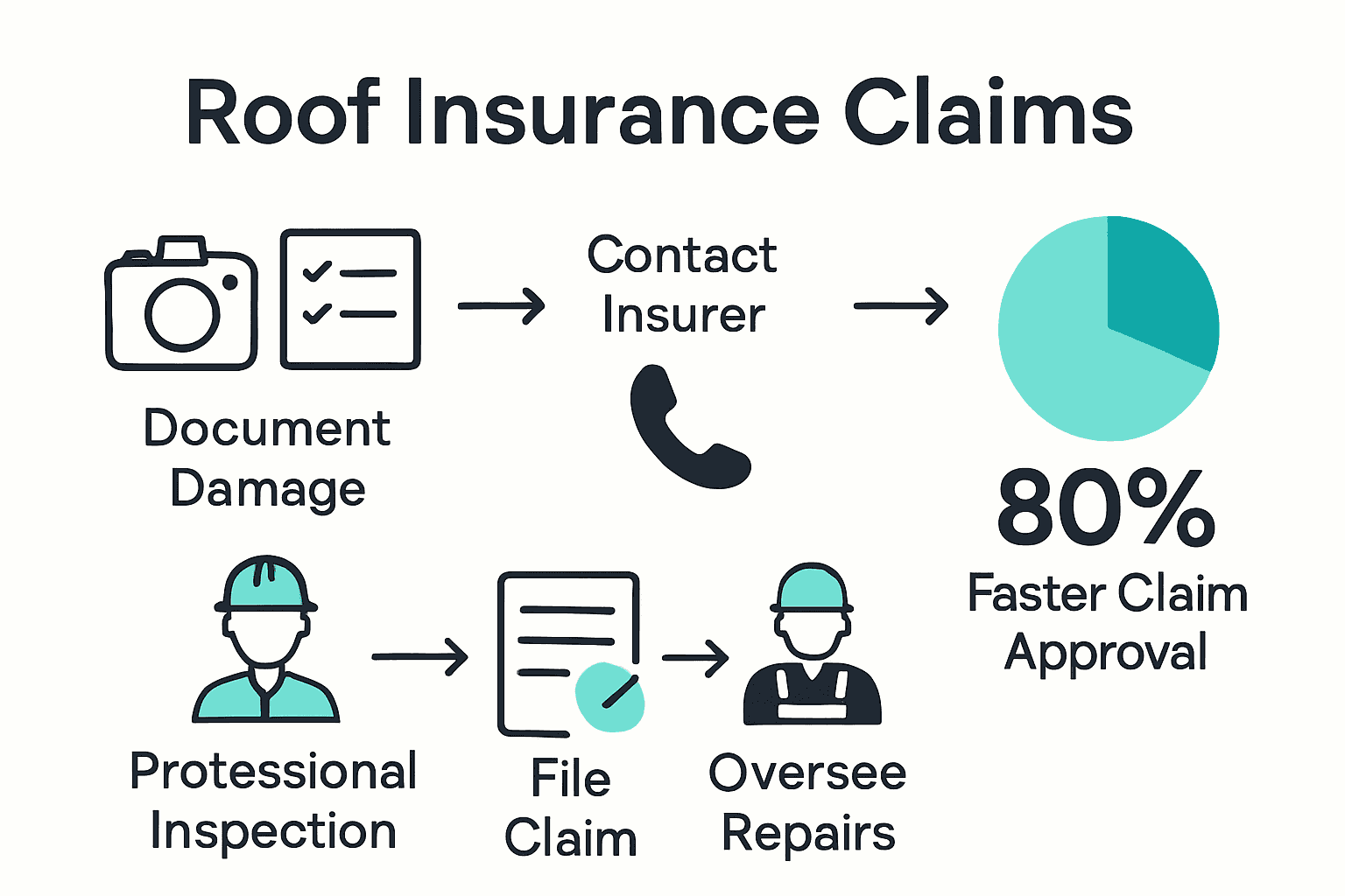 Infographic showing the 5 key steps for fast roof insurance claim approval with icons and flow arrows.