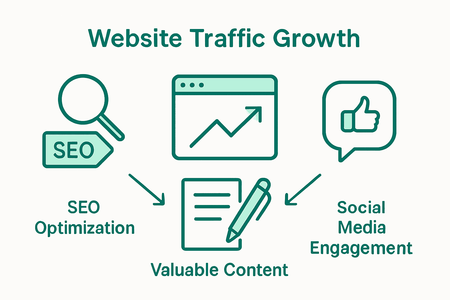 Infographic illustrating SEO, content, and social media contributions to website traffic.