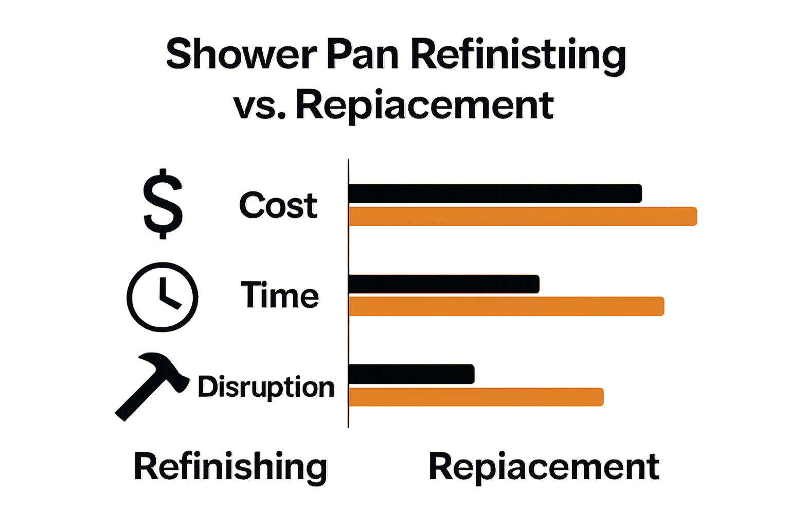 Infographic comparing cost, time, and disruption between refinishing and replacing a shower pan.