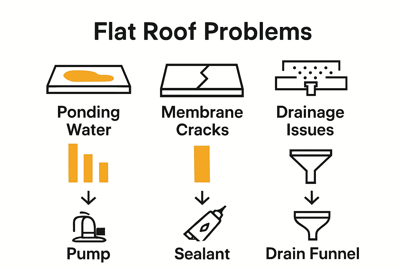 Infographic shows flat roof problems and solutions with icons and arrows.
