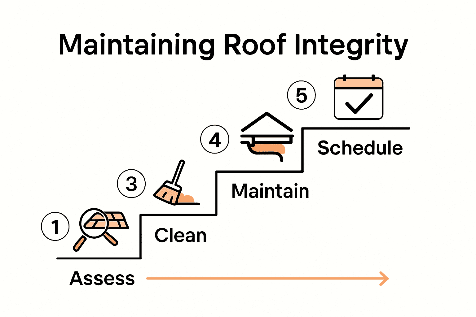 Five step roof maintenance process illustrated with icons