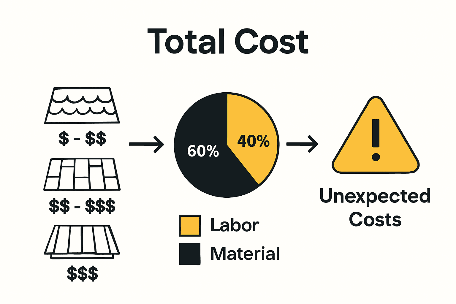 Infographic showing roof cost factors: materials, labor, and unexpected expenses in a visual breakdown.