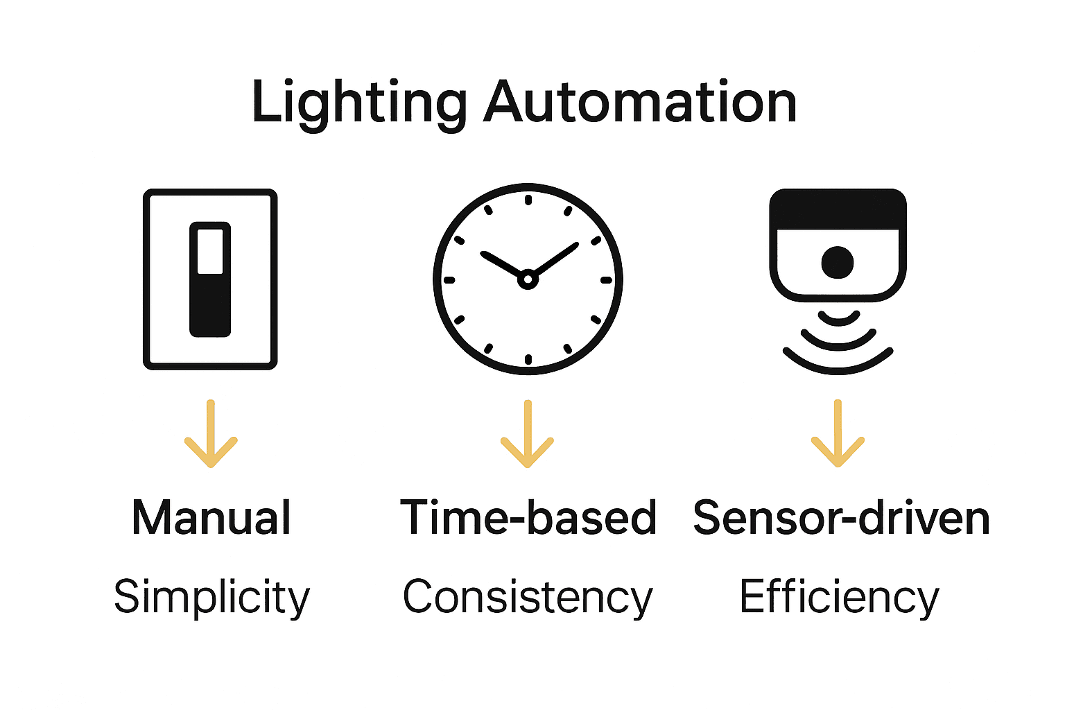 Lighting automation system comparison infographic with icons for manual, time-based, and sensor-driven