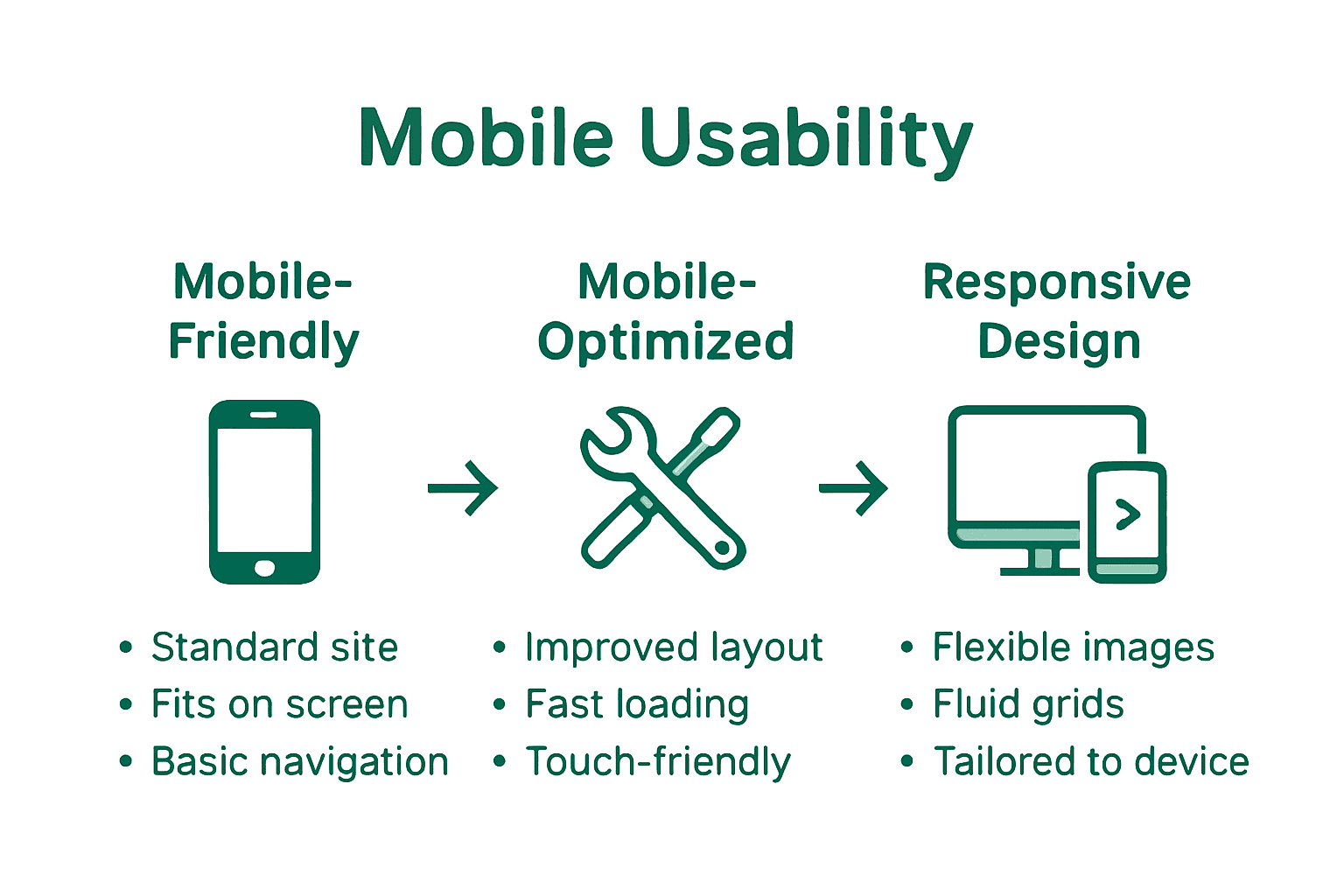 Comparison infographic of mobile-friendly, mobile-optimized, and responsive design features.