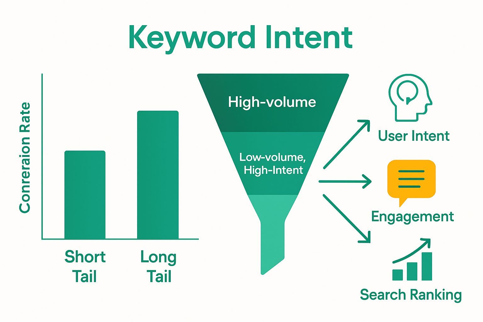 Infographic comparing conversion rates and illustrating how long tail keywords improve SEO metrics.