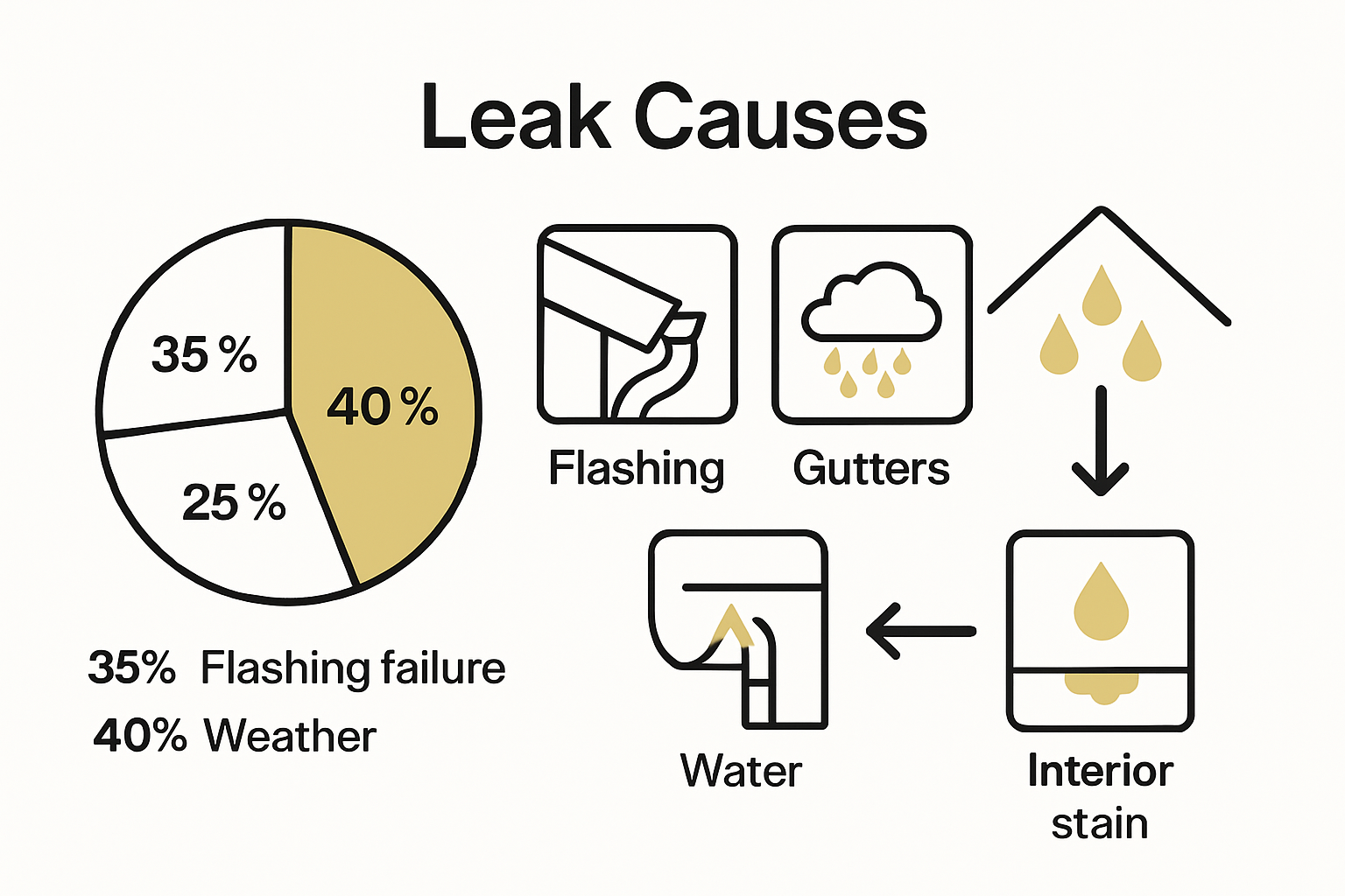 Infographic visualizing roof leak causes and water migration process