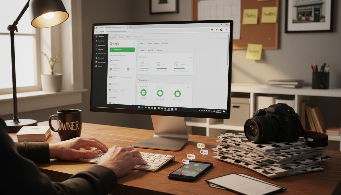 Desk showing Google Business Profile dashboard