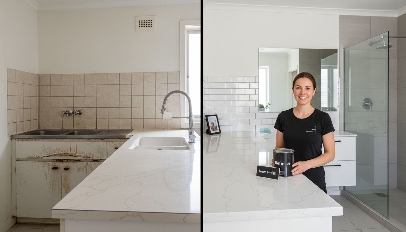 Kitchen and bathroom before and after refinishing