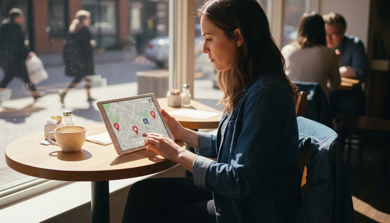 Woman searching neighborhood on tablet in cafe