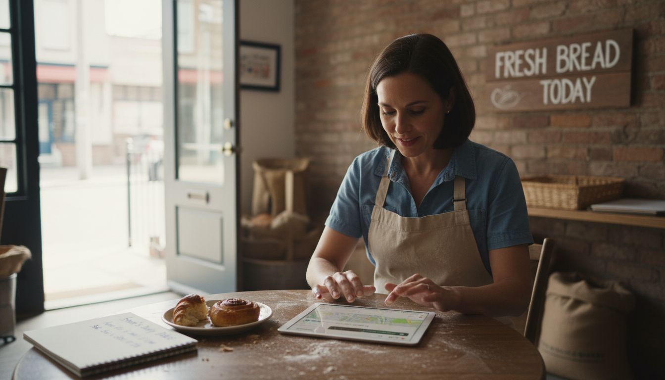 Bakery owner setting up Google profile