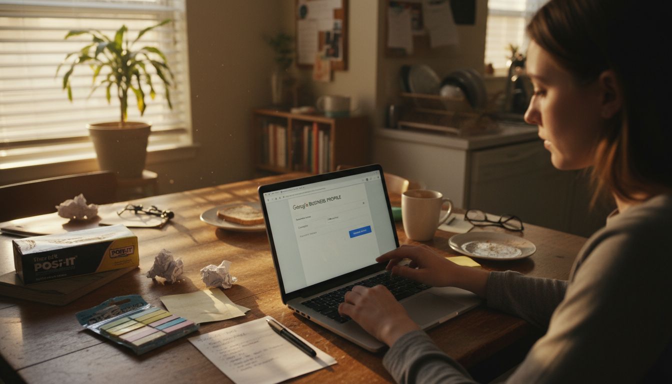 Woman updates business profile at kitchen table