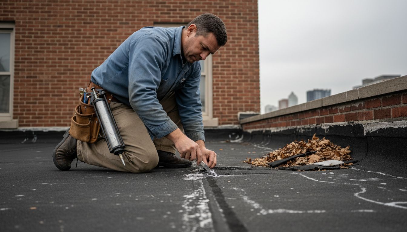 Worker inspecting edge of aging EPDM roof