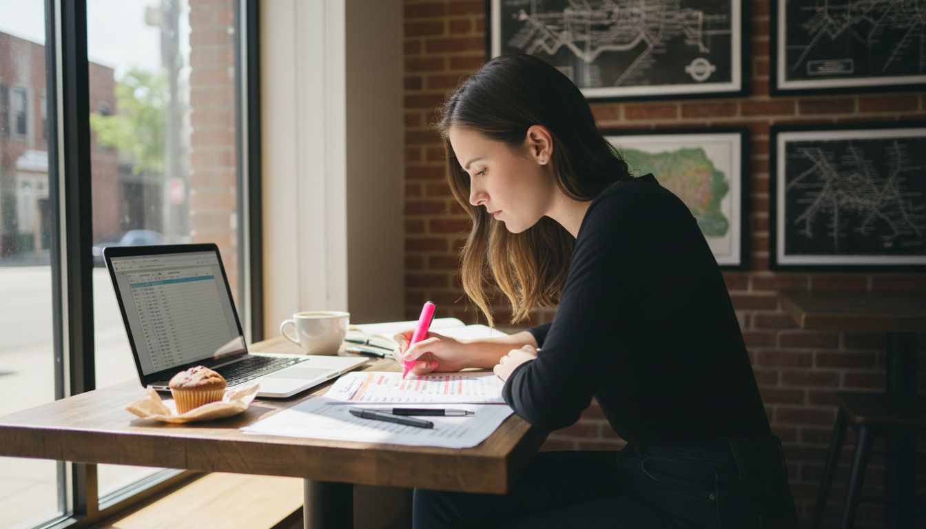 Woman highlighting printed local SEO keywords