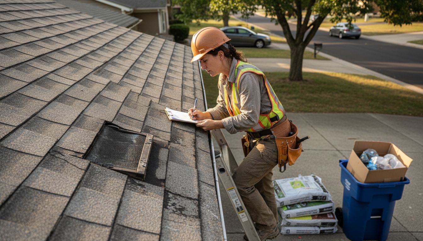 Roof inspector assessing storm damage
