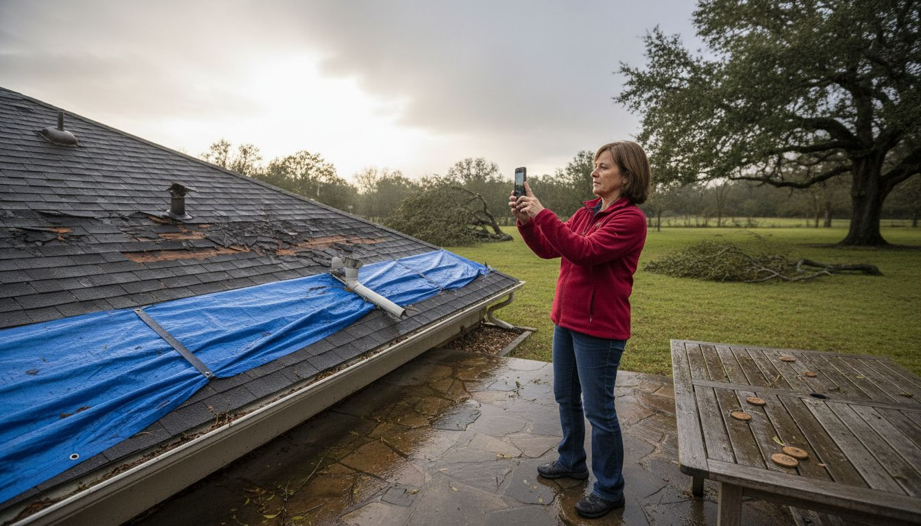 Homeowner photographs storm-damaged roof area