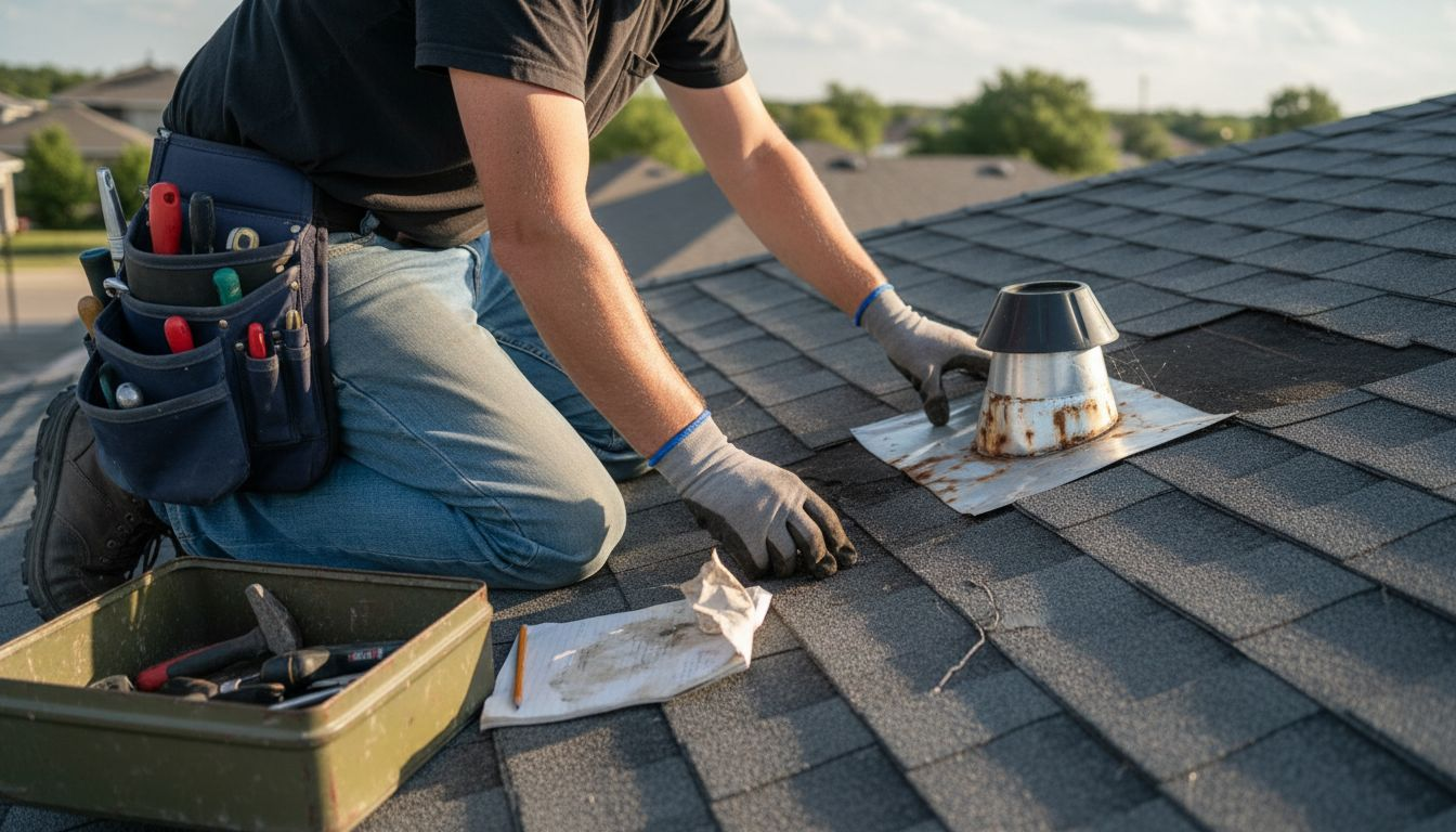 Contractor examines roof with damaged flashing