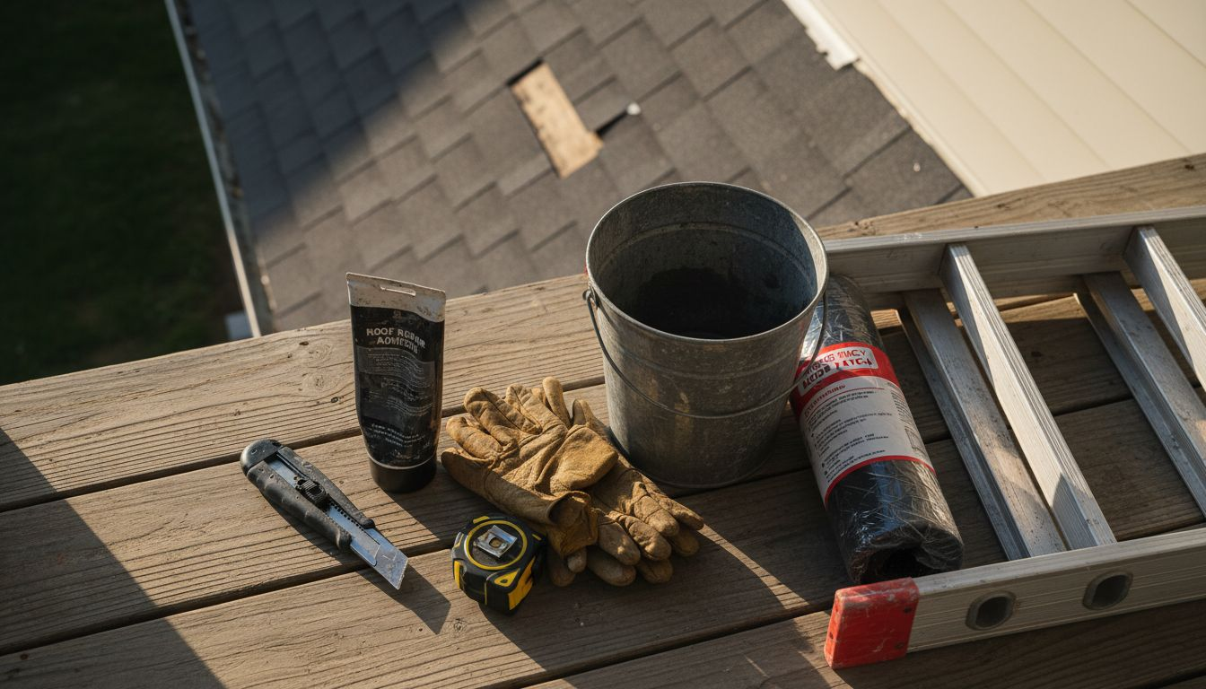 Roof repair tools and materials on deck