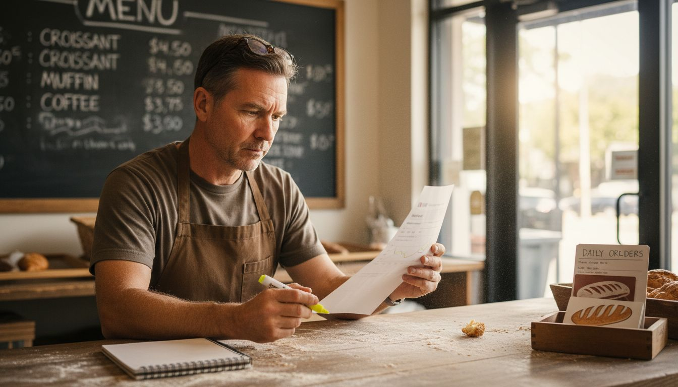 Bakery owner analyzing website analytics printout