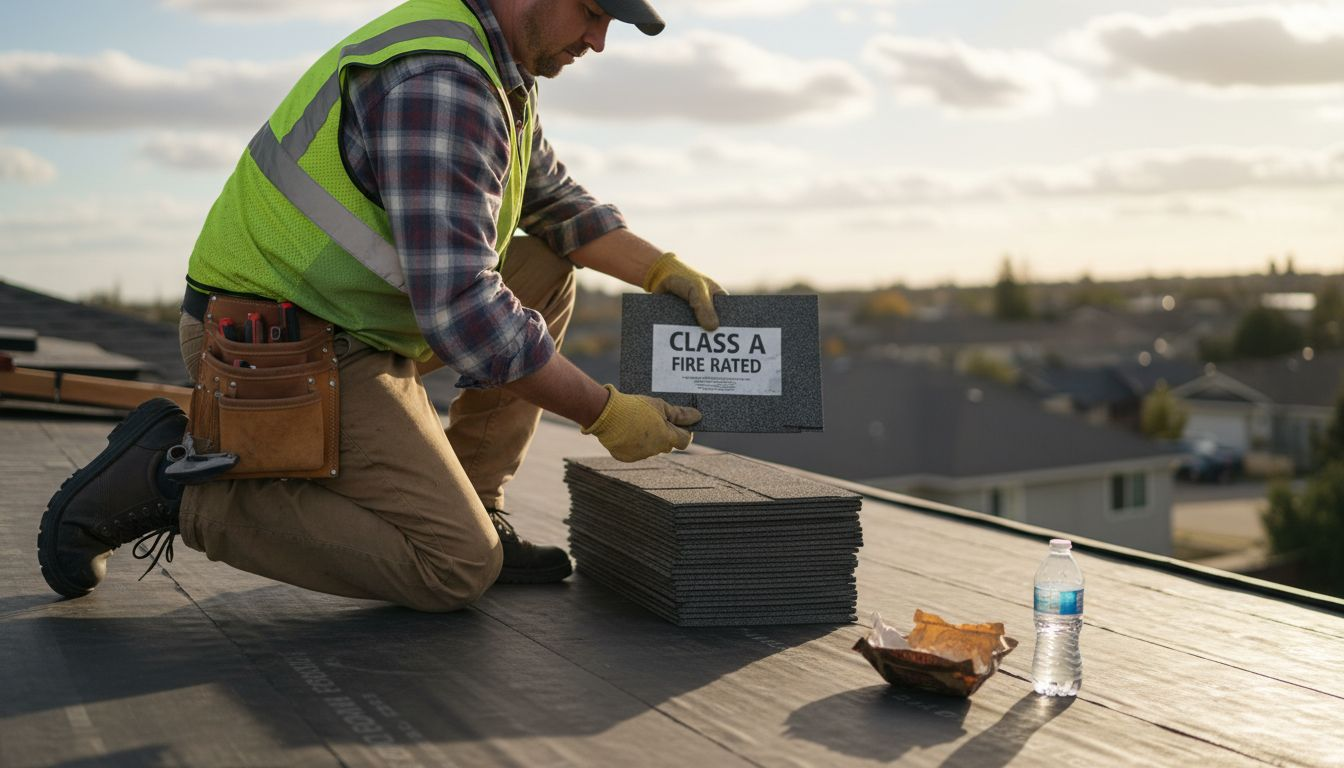 Contractor inspects fire-rated roof shingles