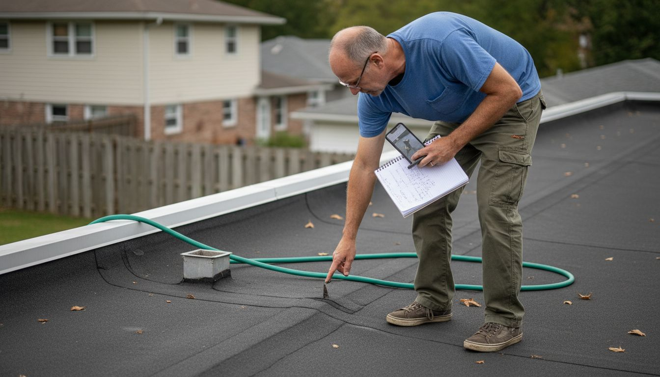 Homeowner inspecting for EPDM roof maintenance