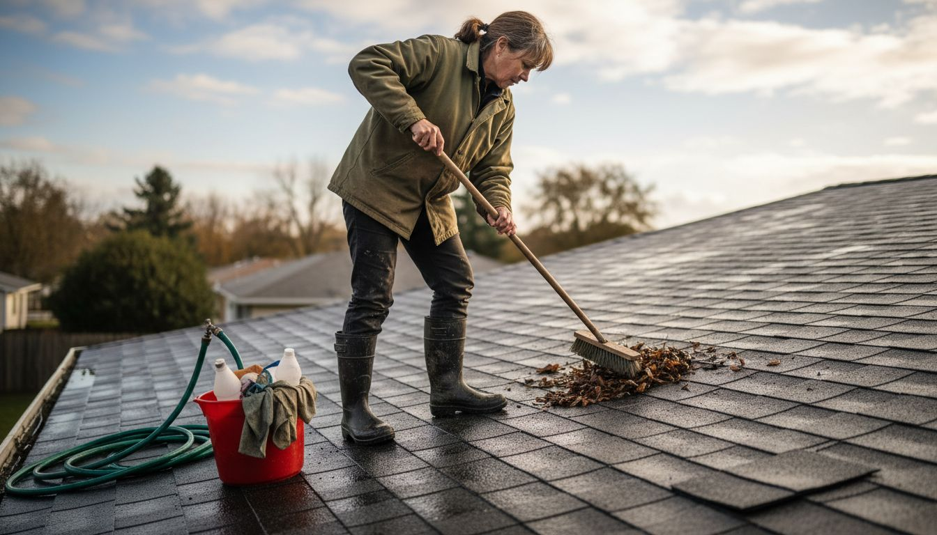Cleaning debris from roof before repair
