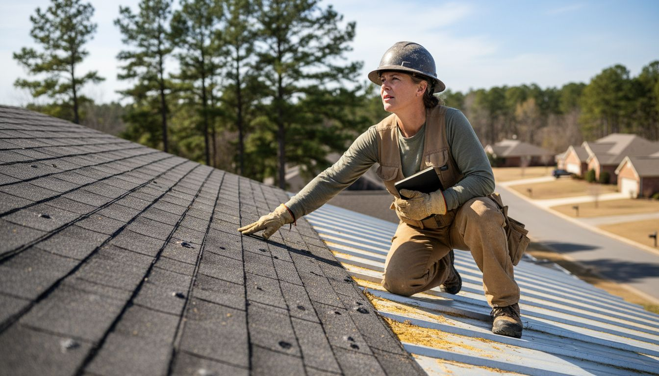 Roof inspector checks asphalt and metal weathering