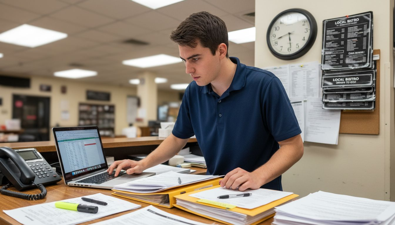 Manager updating restaurant business details on laptop