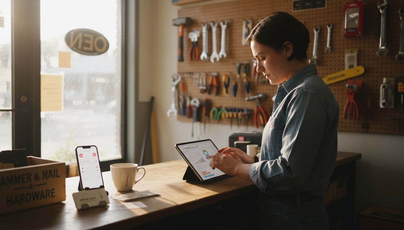 Shopkeeper checking SEO analytics in store