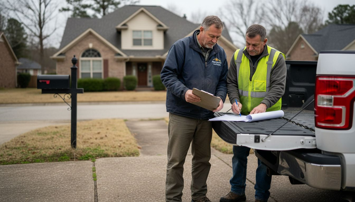 Roofing contractors signing contract by driveway