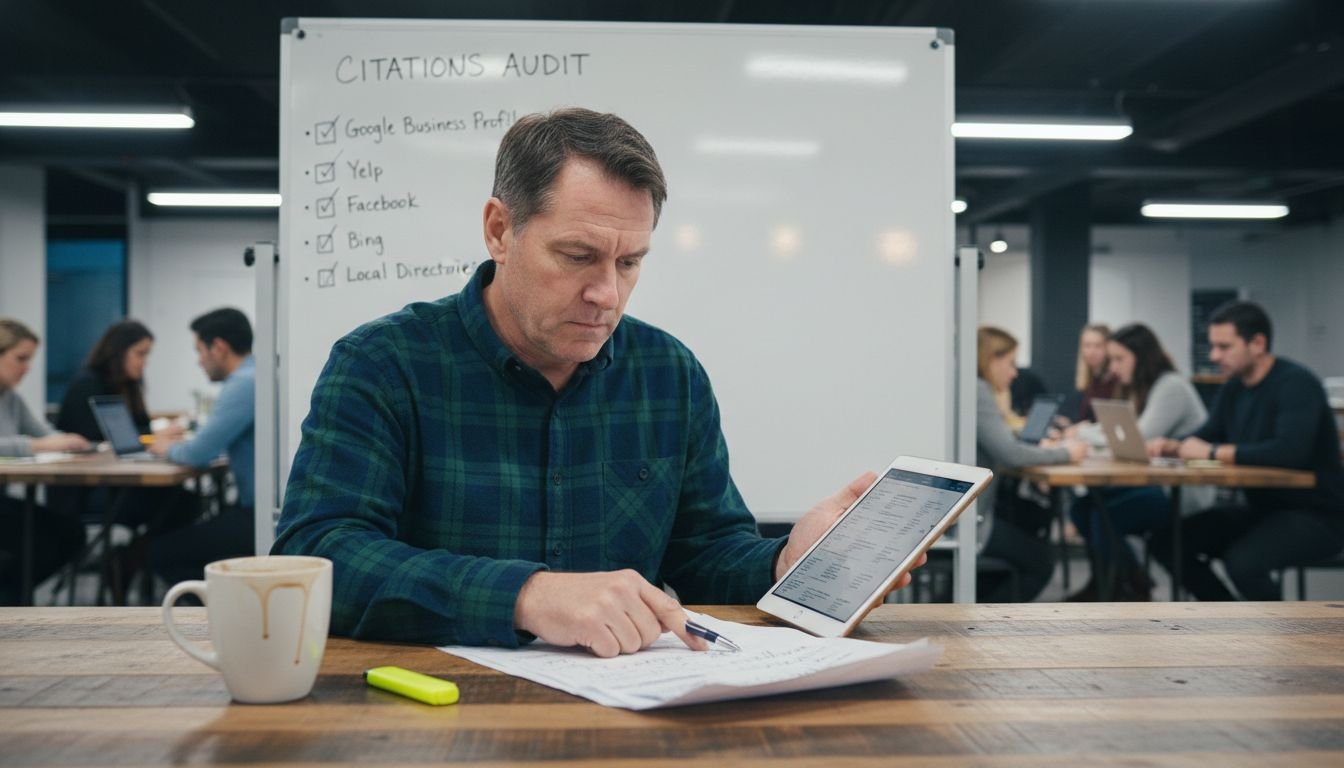 Man comparing business directory citations