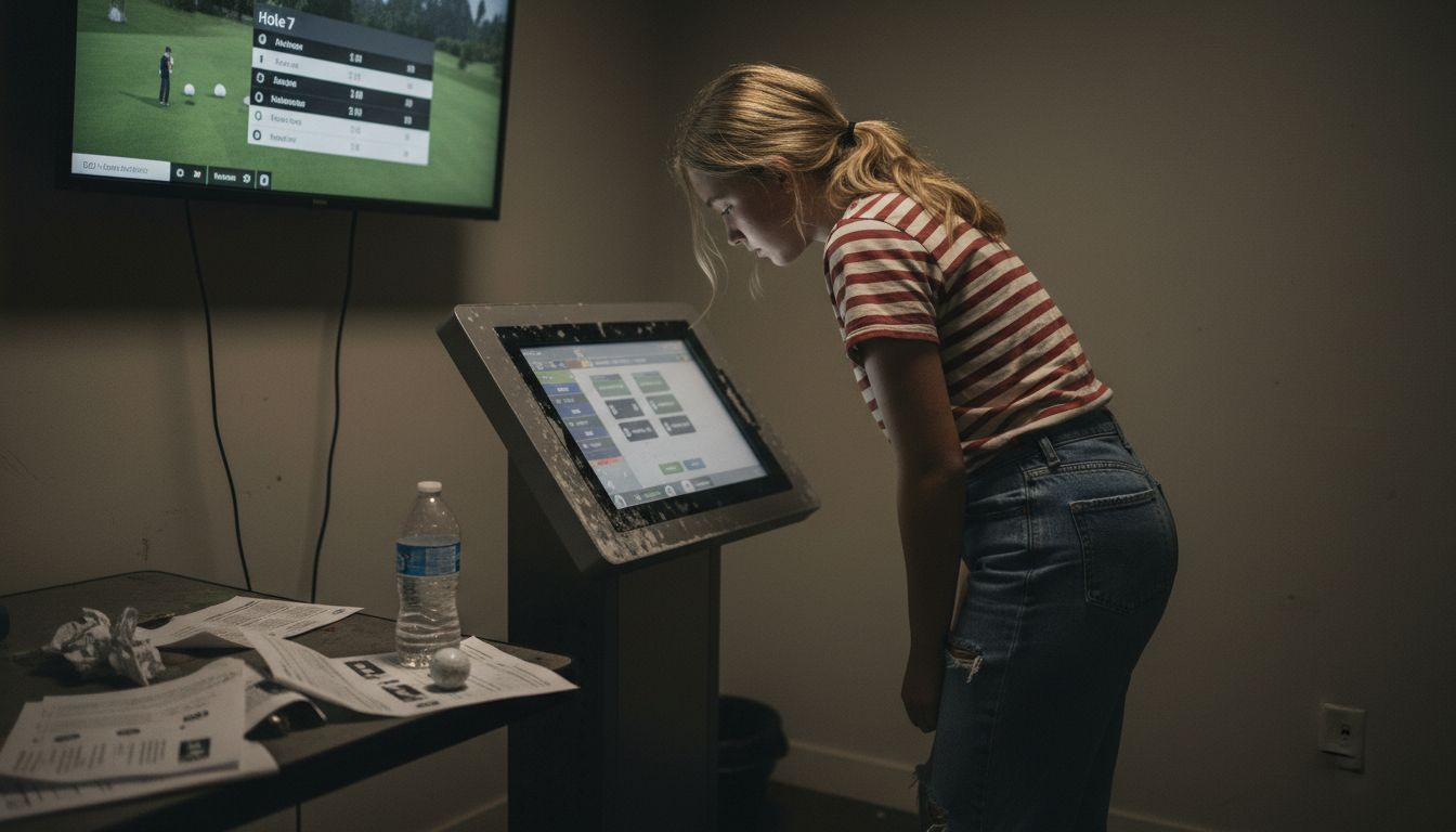 Teenager navigating golf simulator touchscreen