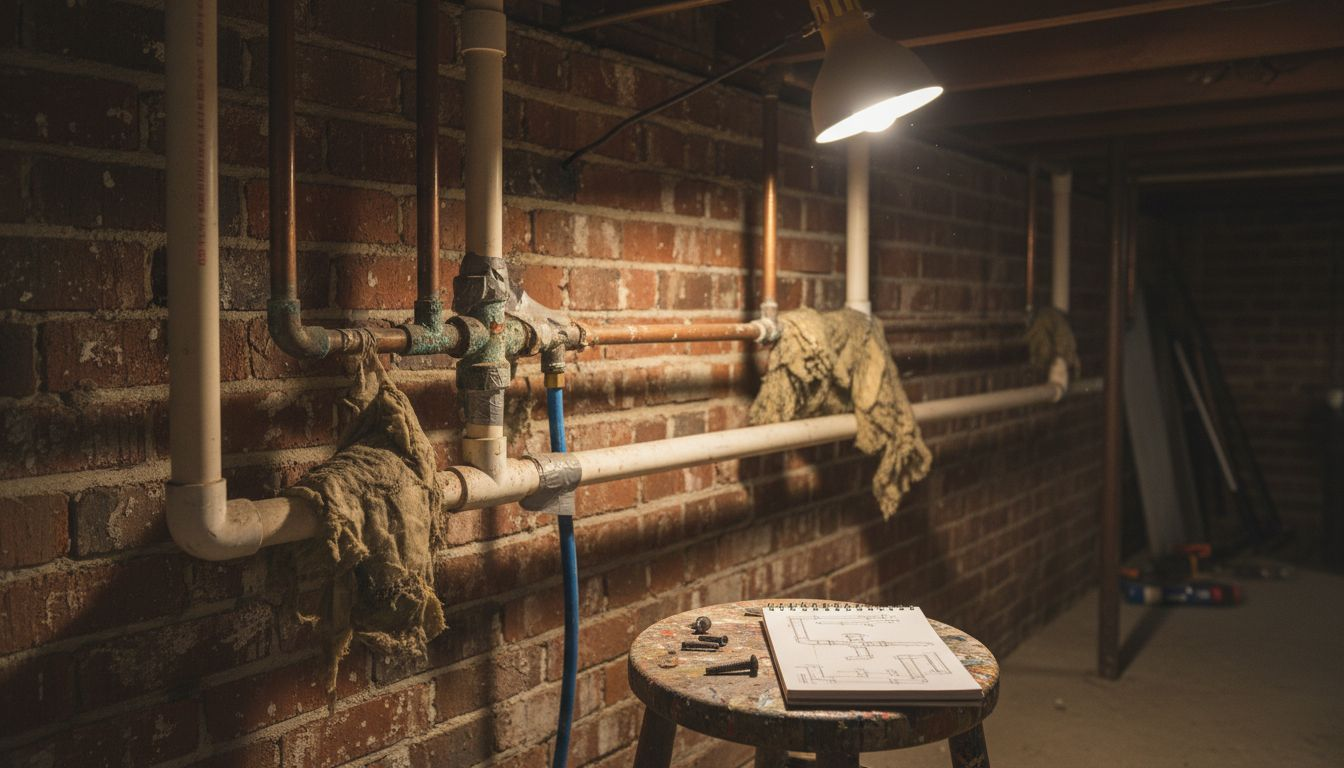 Various plumbing pipes in Illinois basement
