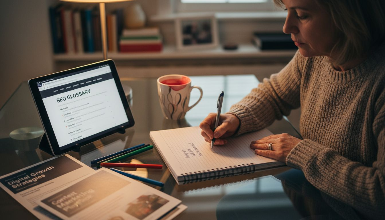 Woman writing SEO terms in notebook