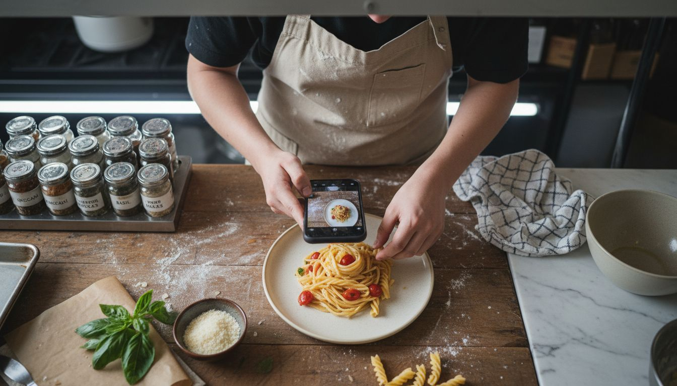 Chef photographing plated menu item in kitchen