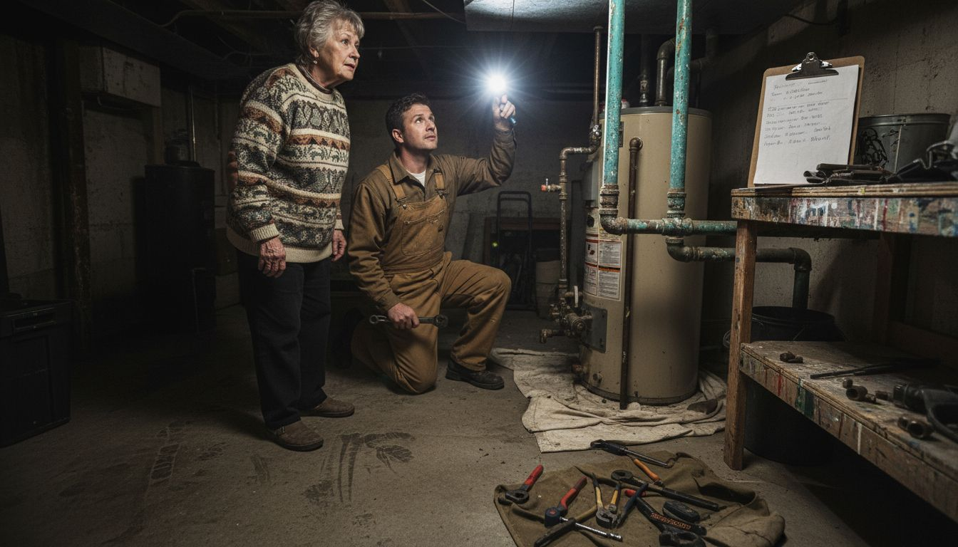Inspecting aging pipes in residential basement