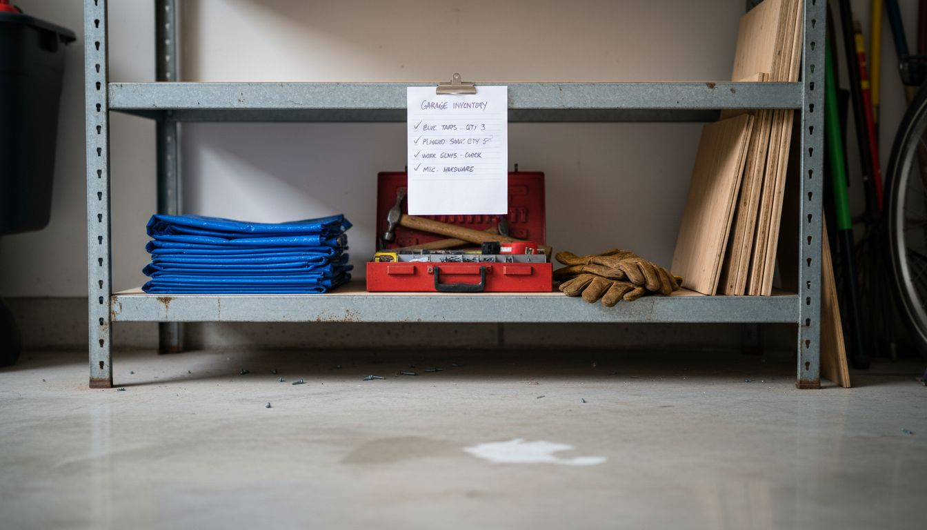 Garage shelf with emergency roof repair supplies