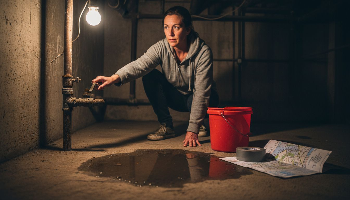 Woman turning main water shutoff in basement