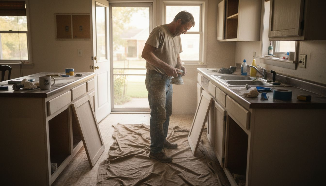 Worker sanding kitchen cabinets for refinishing