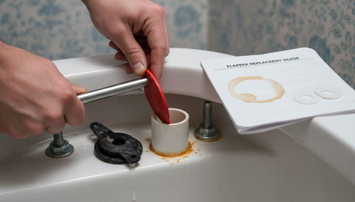 Hands replacing flapper inside toilet tank