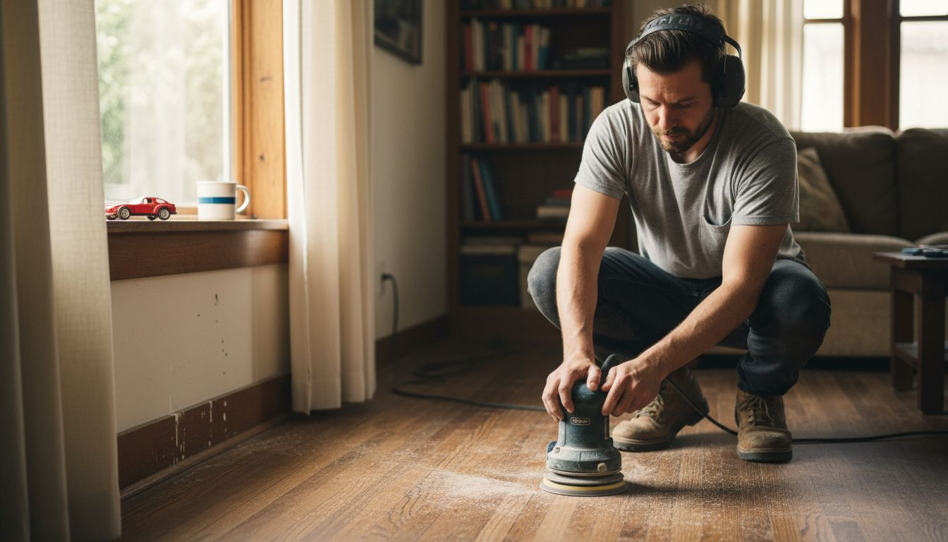 Worker refinishing hardwood floor in living room