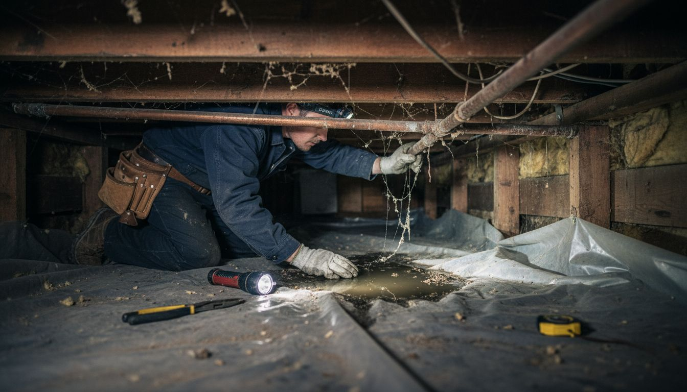 Technician inspects crawl space copper pipes
