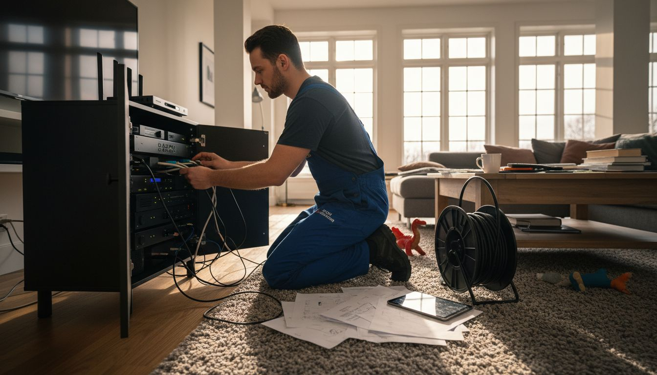 Technician servicing smart home equipment