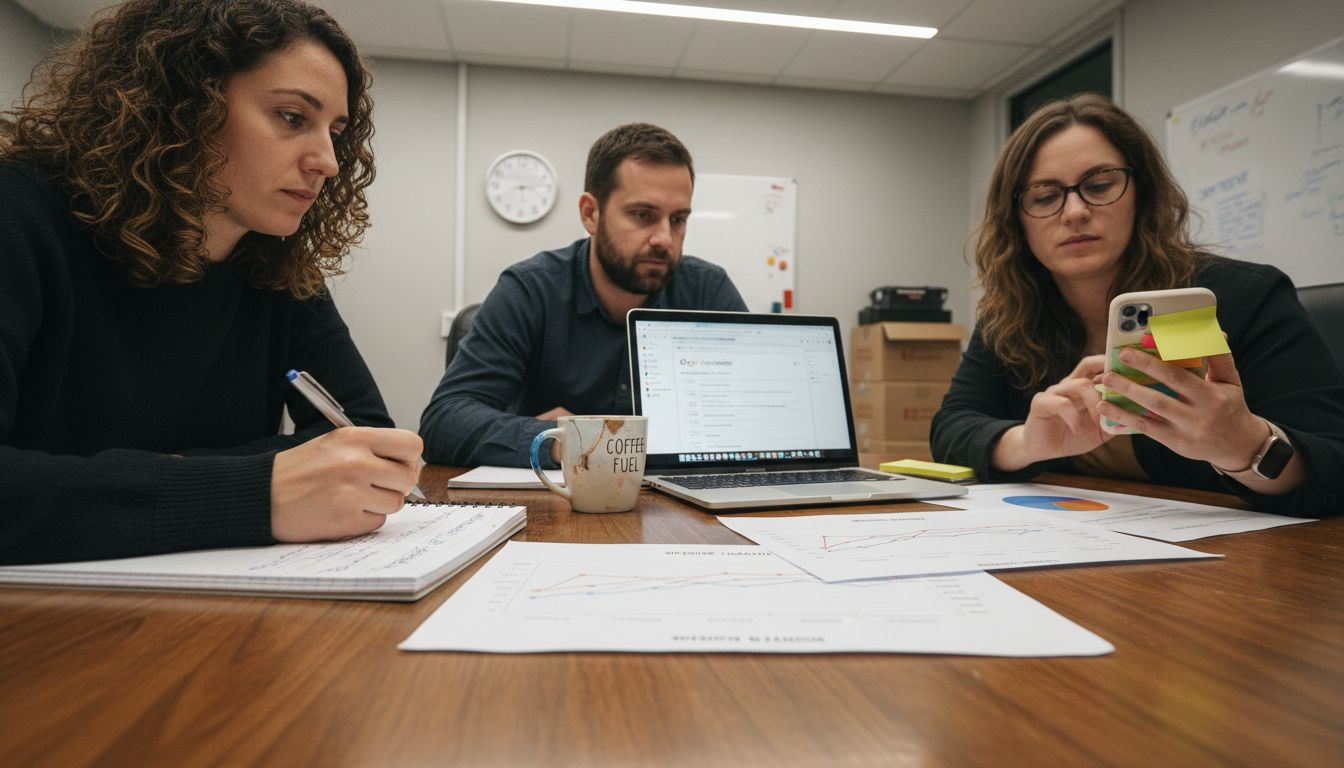 Team discussing printed SEO report charts